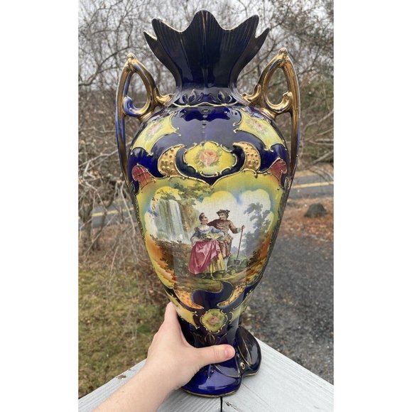 18 3/8" LARGE Antique Ceramic Vase 'Dudley' Transfer Print Cobalt Blue Gilt - Picture 4 of 16